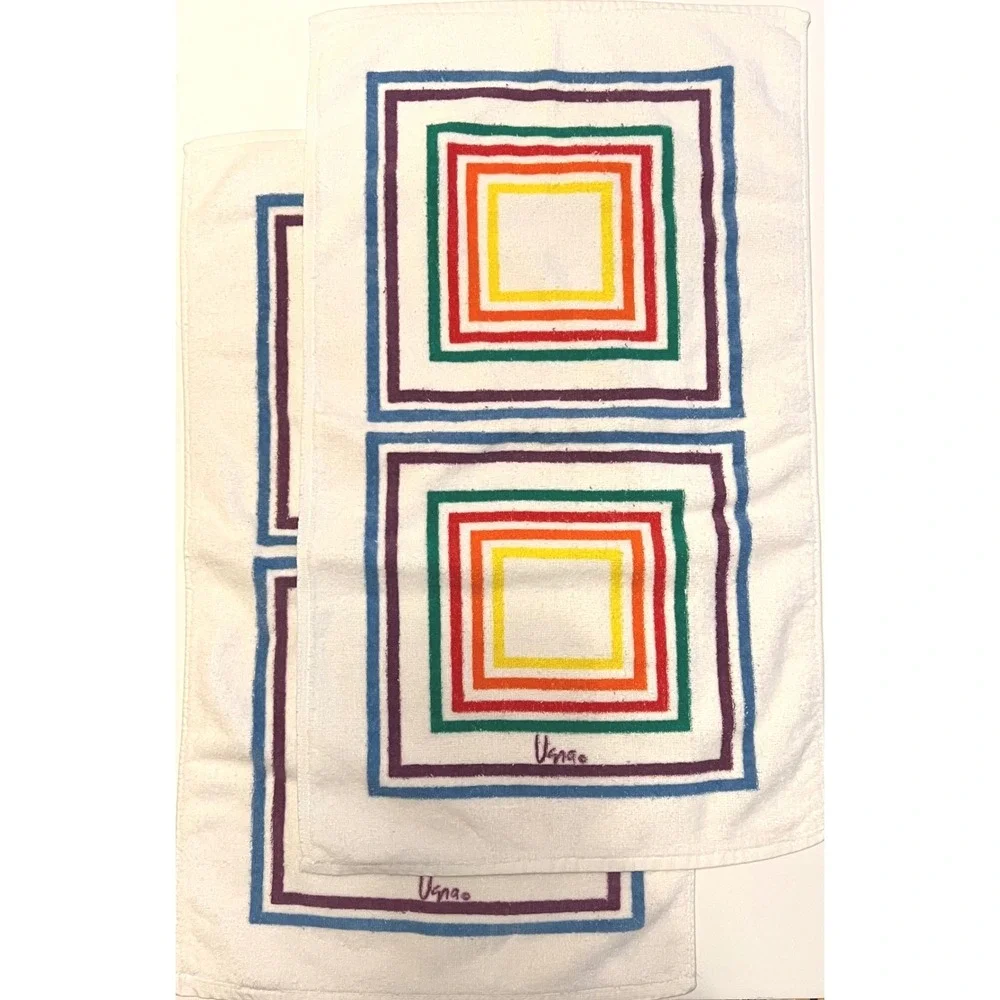 Vintage Set Vera Neumann Hand Towels Rainbow Concentric Squares MCM USA 15x25